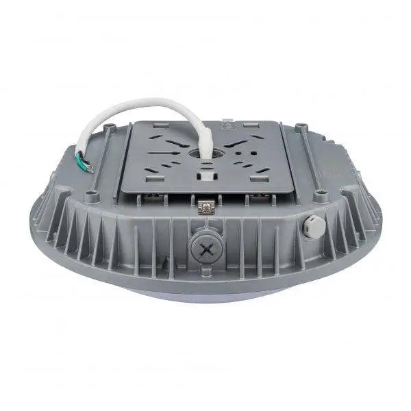 A gray LED garage canopy light with a round shape and a white wire, offering improved visibility and safety in parking garages. It delivers 5200 lumens of highly efficient light with a wide-spreading, uniform beam angle. Easy to install with surface or pendant mounting capabilities. Brand: Litetronics.