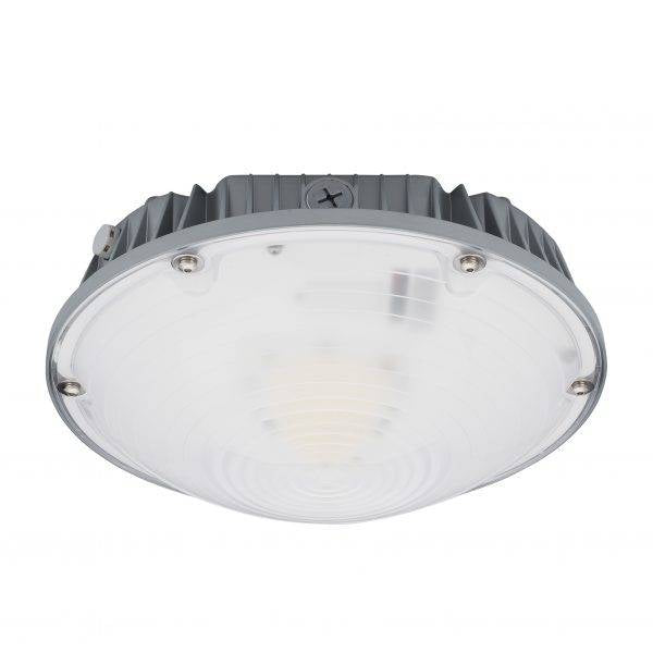 Garage Canopy Light: A close-up of a white LED light fixture with a polycarbonate Fresnel lens, delivering 5200 lumens of wide-spreading, uniform light. Perfect for upgrading parking garage lighting to LED, enhancing visibility and safety.