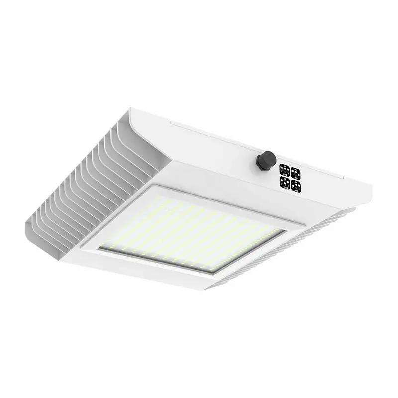 Gas Station Canopy Light: A white rectangular fixture with black knobs, offering premium performance and ultra-high efficiency. Ideal for vehicle service and fueling stations.