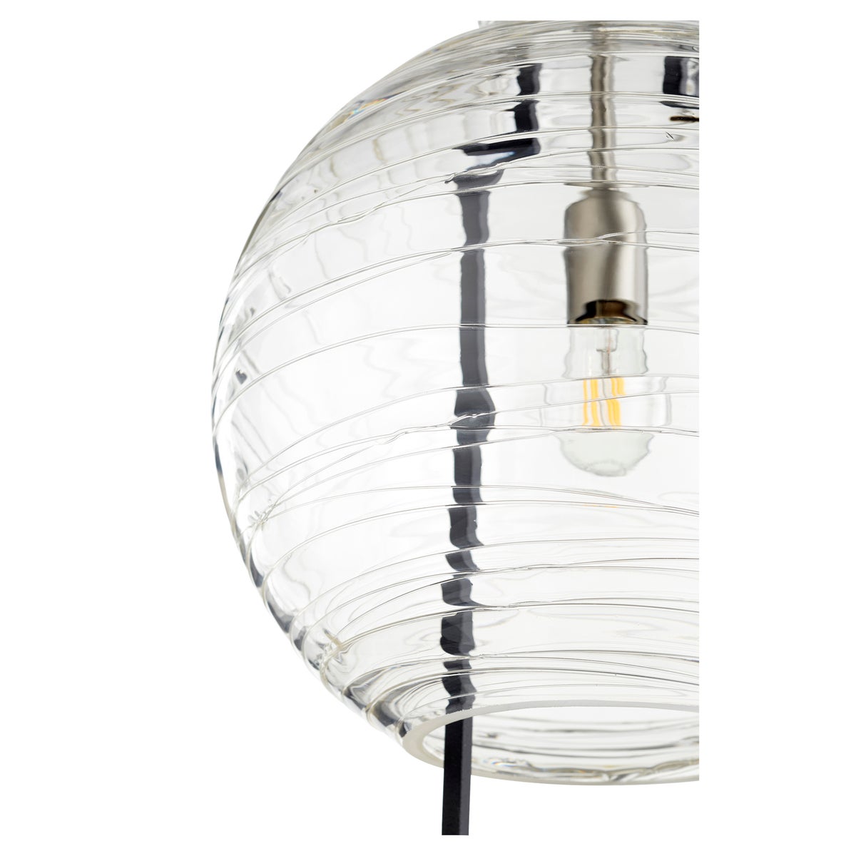 Globe Pendant Light with clear glass shade and noir/satin nickel finishes, hanging from a dual chain and stem system. Adds contemporary-chic style to any setting. Perfect for kitchen, bedroom, or bathroom. Wattage: 100W, Voltage: 120V. Bulbs not included. UL Listed for damp locations. Metal and Clear Textured Glass materials. Dimensions: 14"W x 27.75"H. Warranty: 2 Years.