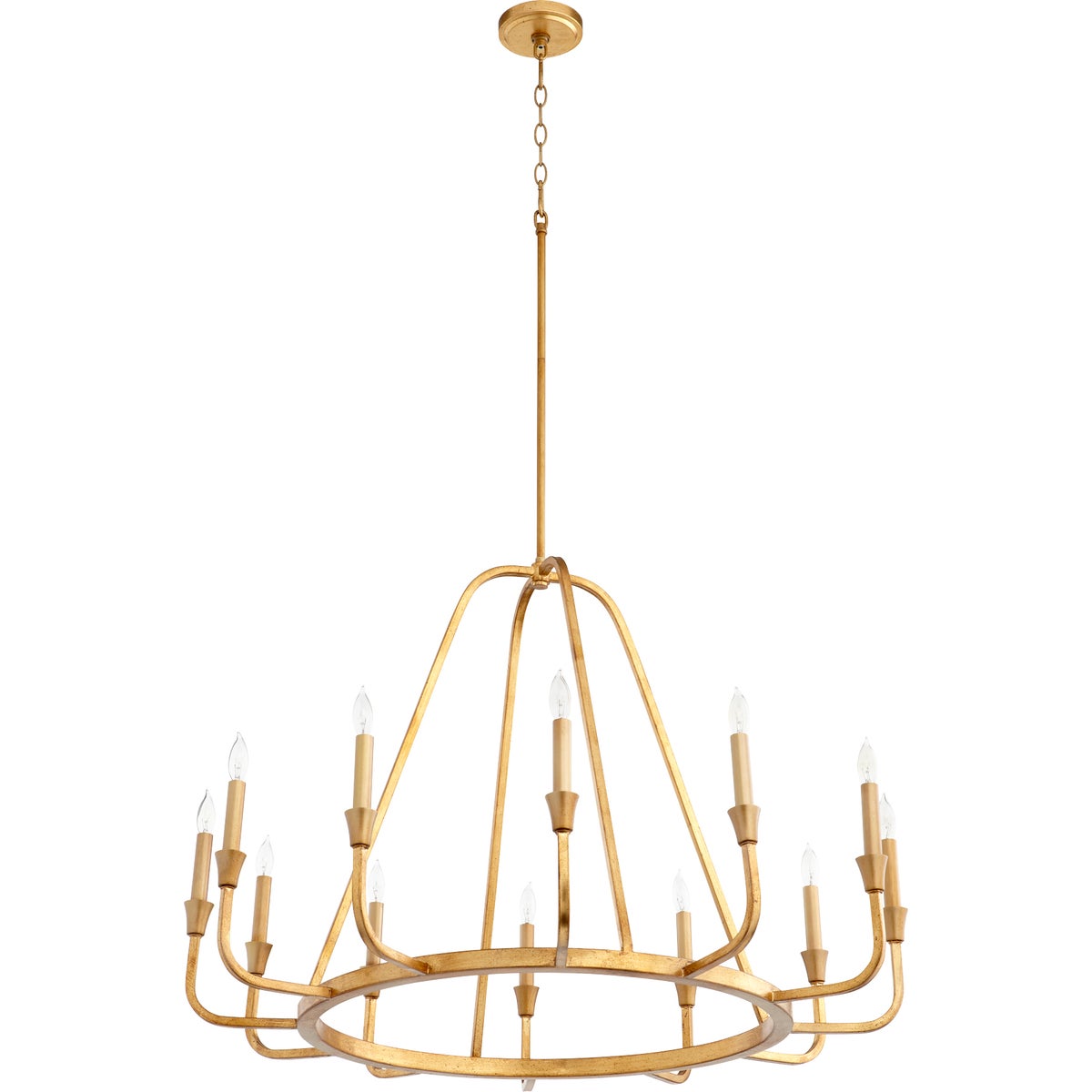 Gold Chandelier with 12 candelabra bulbs, a classic form, and a striking gold leaf finish. Generous size, open design, and solid finish ensure it won’t overwhelm your space. Perfect for adding brightness and sophistication to any room.