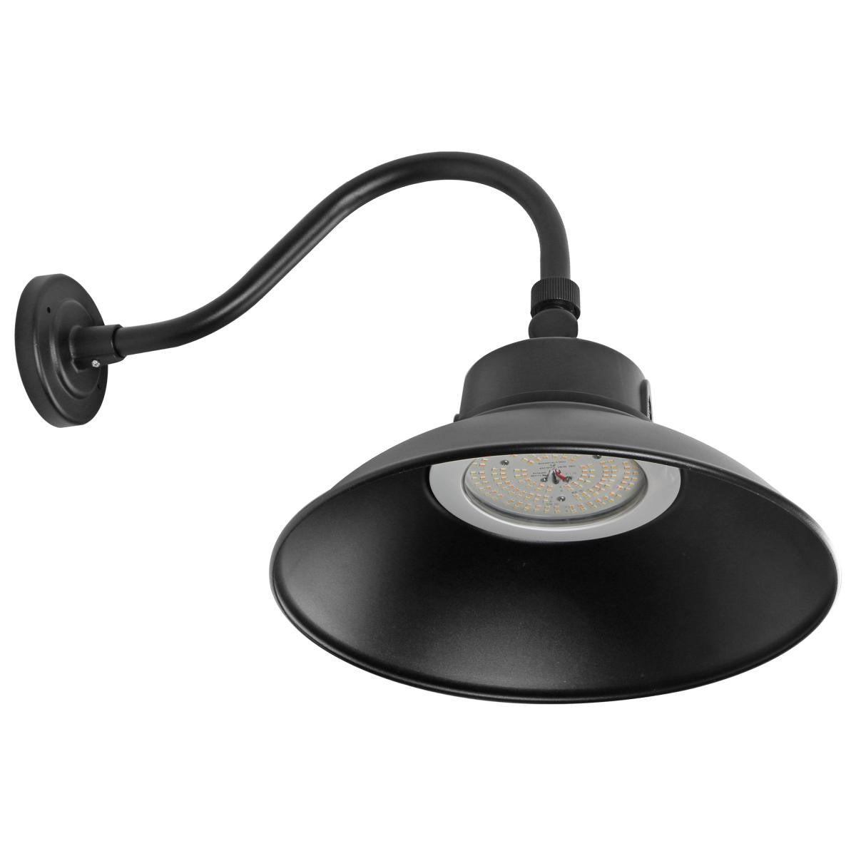 A black gooseneck LED light fixture with a curved arm, providing customizable, efficient illumination. Perfect for adding rustic style to your space.