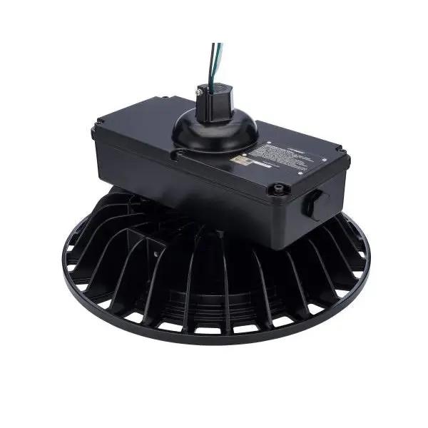 A black hazardous location LED high bay light fixture with wiring attached, suitable for environments with heightened safety requirements. It provides 20700 lumens of 5000K white light, replacing traditional incandescent, metal halide, and high-pressure sodium lights. Corrosion-resistant with tempered glass for durability. 150W, 120-277V input voltage. Dimensions: 14.39"D x 8.8"H. Rated for wet locations. 5-year warranty.