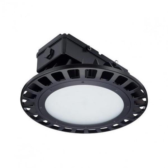 A black hazardous location LED high bay light fixture with a white light, providing 20700 lumens of 5000K LED light. Pendant or yoke mountable, corrosion resistant, and backed by a 5-year warranty.