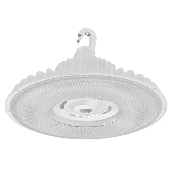 High Bay LED Light Fixture: A white circular light with a hook, providing 24500 lumens for efficient, durable, and versatile lighting in high ceiling applications.