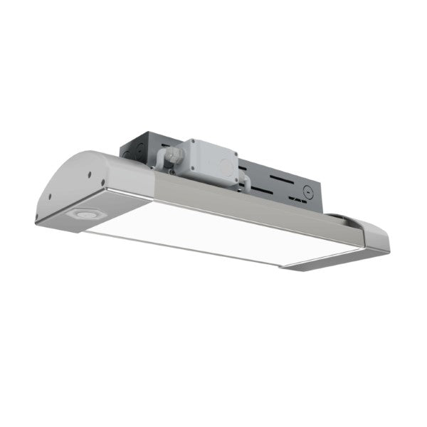 High Bay LED Lighting Fixture: A close-up of a white light fixture with top-of-the-line efficiency and versatility. Choose between 4000K or 5000K color temperatures. Suspended or surface mounted with included kit. 14000 lumens. 10-year warranty.