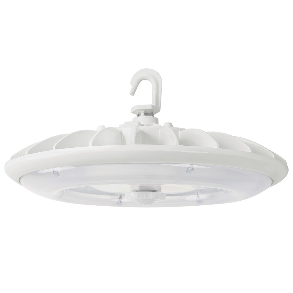 A white high bay LED UFO fixture with a hook, providing 9400 lumens of light output. Ideal for commercial, retail, and institutional applications such as gymnasiums, factories, and warehouses. Brand: SLG Lighting. Wattage: 67W. Input Voltage: 120-277V. Lamp Type: LED. Certifications: UL Listed, FCC Compliant, IP65 Rated, DLC Standard Listed. Dimensions: 13.03"D x 7.9"H. Warranty: 10 Years.