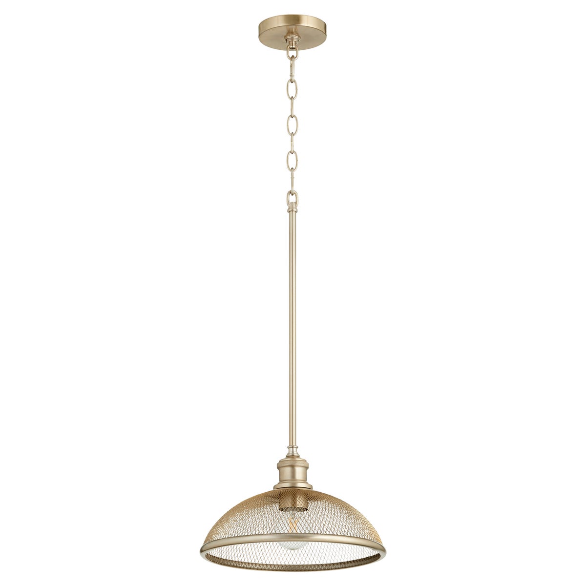 Industrial Pendant Light with mesh silhouette and crisscross patterns, showcasing subtle bulbs. Versatile transitional styling for contemporary and traditional settings. Quorum International, 100W, 1-bulb fixture. 12"W x 7.25"H. UL Listed, Damp Location. 2-year warranty.