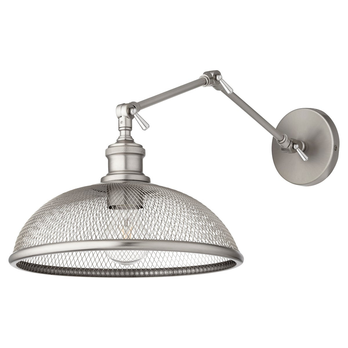 Industrial Wall Sconce with wire mesh shade and subtly shaded bulbs, showcasing crisscross patterns and repeating angles. Transitional styling for contemporary and traditional settings. Brand: Quorum International.