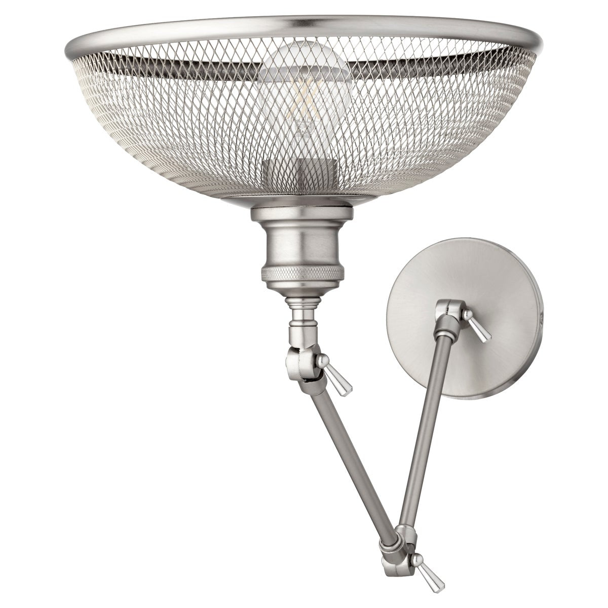 Industrial Wall Sconce with wire mesh shade and subtle bulbs, showcasing crisscross patterns and repeating angles. Versatile transitional styling for contemporary and traditional settings. 12"W x 11.5"H x 24"E.