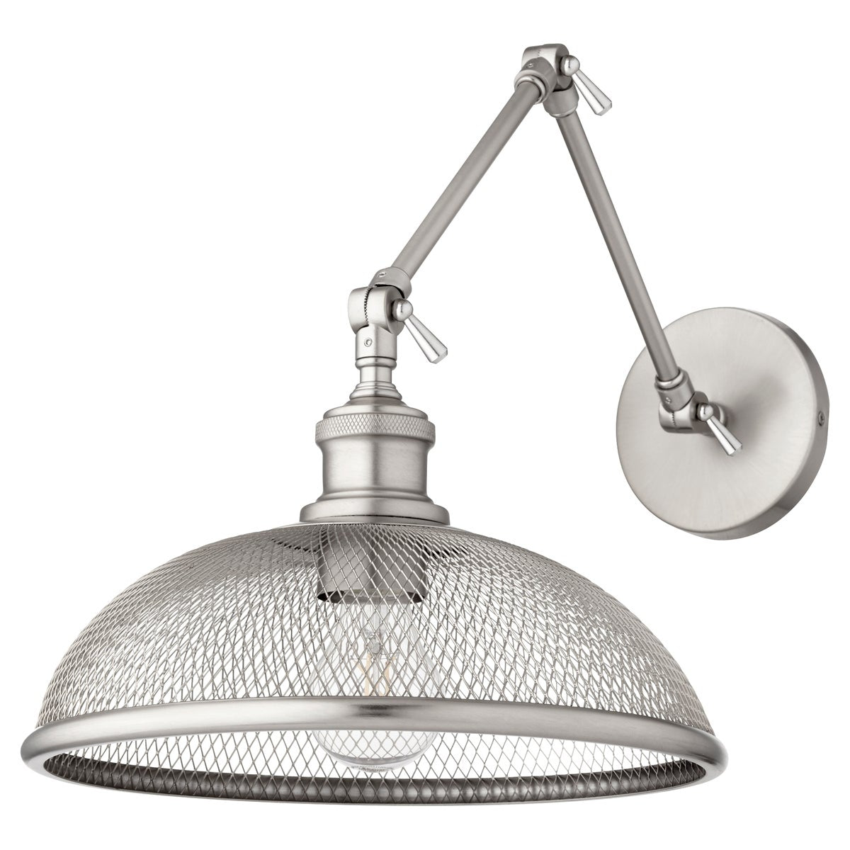 Industrial Wall Sconce with wire mesh shade and subtly shaded bulbs, showcasing crisscross patterns and repeating angles. Transitional styling for contemporary and traditional settings. Brand: Quorum International.