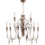 Italian chandelier with candlestick-styled lights, leaf motifs, and imperfect asymmetry. Vintage charm and Baroque influences.