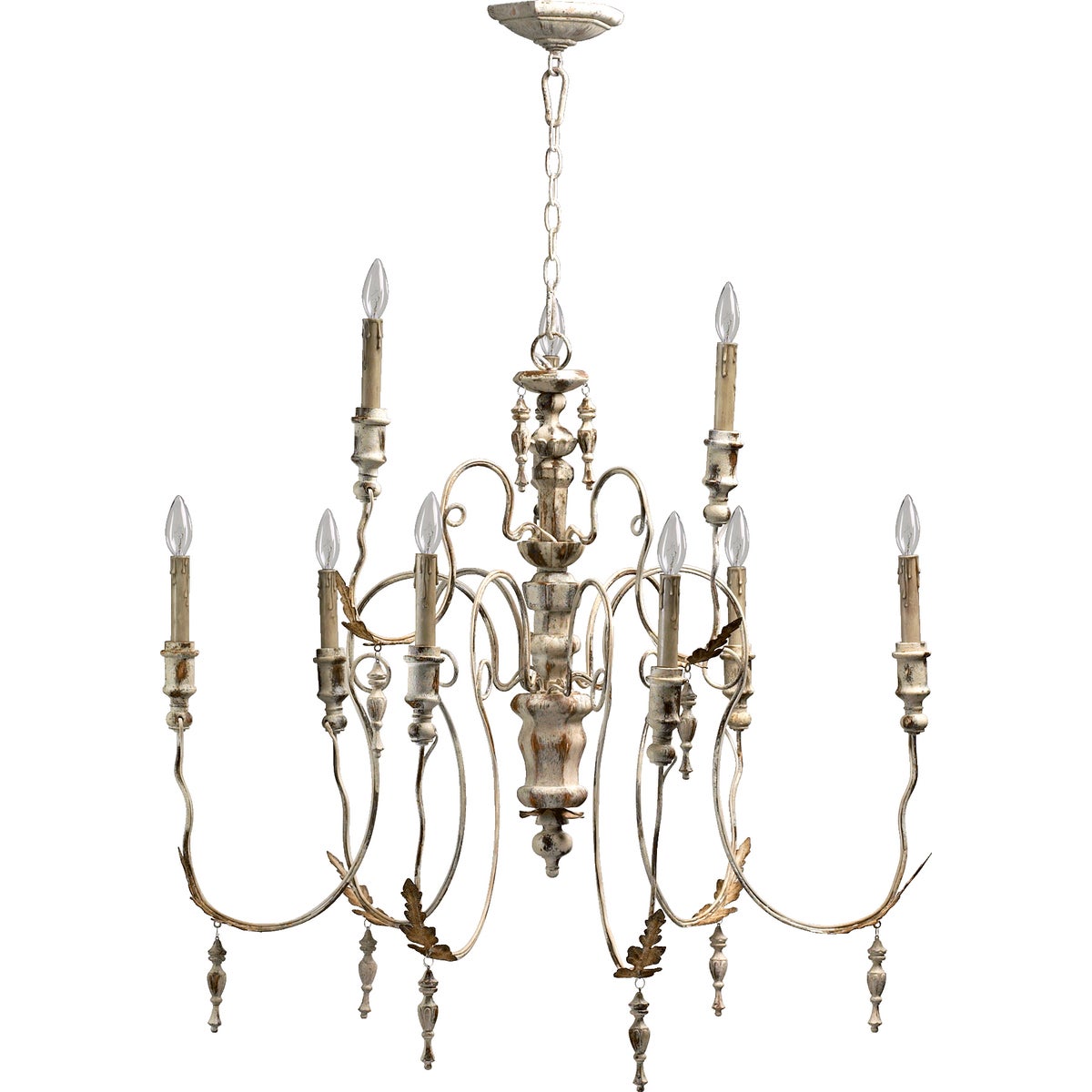 Italian Chandelier with candlestick-styled lights, leaf motifs, and imperfect asymmetry, celebrating the region's rich history.