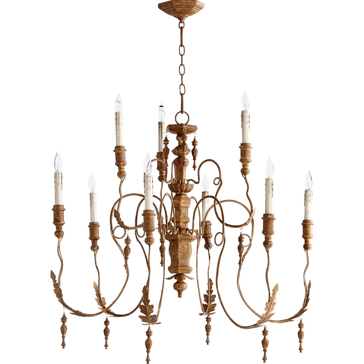Italian Chandelier with candlestick-styled lights, leaf motifs, and imperfect asymmetry, celebrating the region&#39;s rich history of Baroque and Rococo architecture.