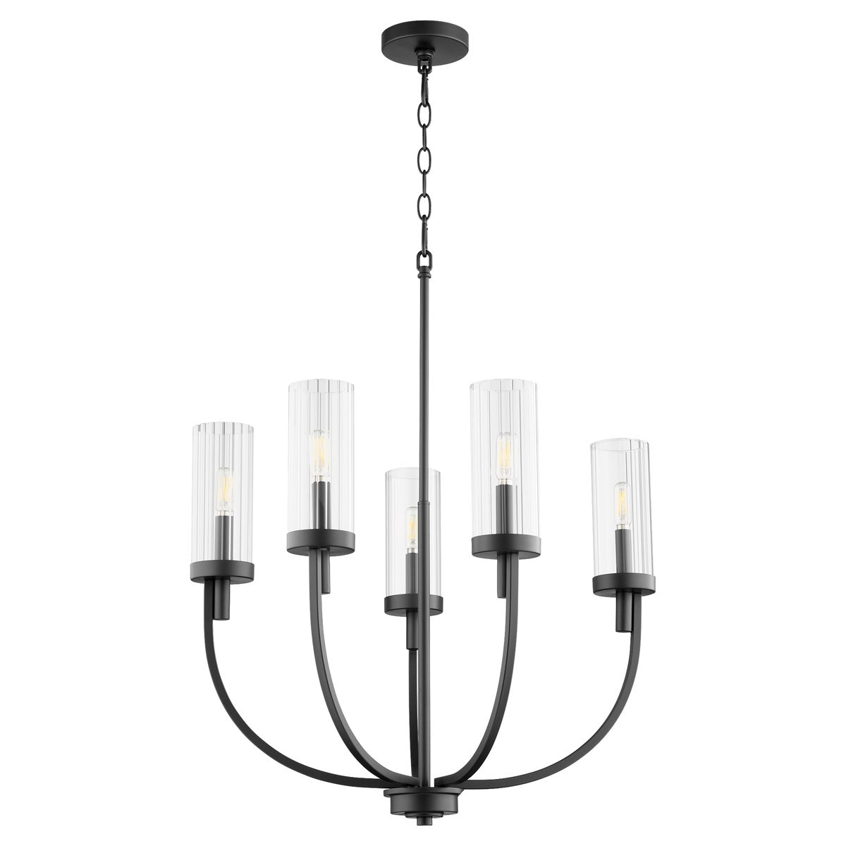 Kitchen Chandelier with clear glass shades and tubes, showcasing a close-up of a light bulb. Creates a serene atmosphere with rounded angles and bold lines. Perfect for kitchens.