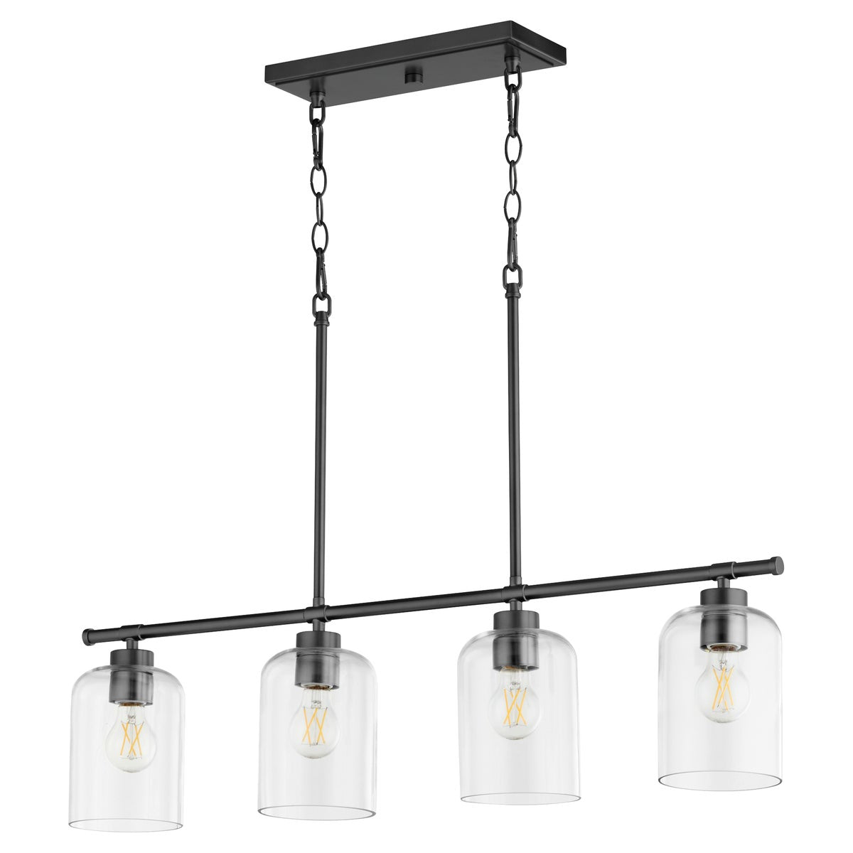 Kitchen Pendant Light with clear glass shades on linear frames. Choose from matte black, aged brass, or satin nickel finishes. Indoor/outdoor use. 100W, 4 bulbs, dimmable. UL Listed, Damp Location. 5"W x 9.5"H x 35"L. 2-year warranty.