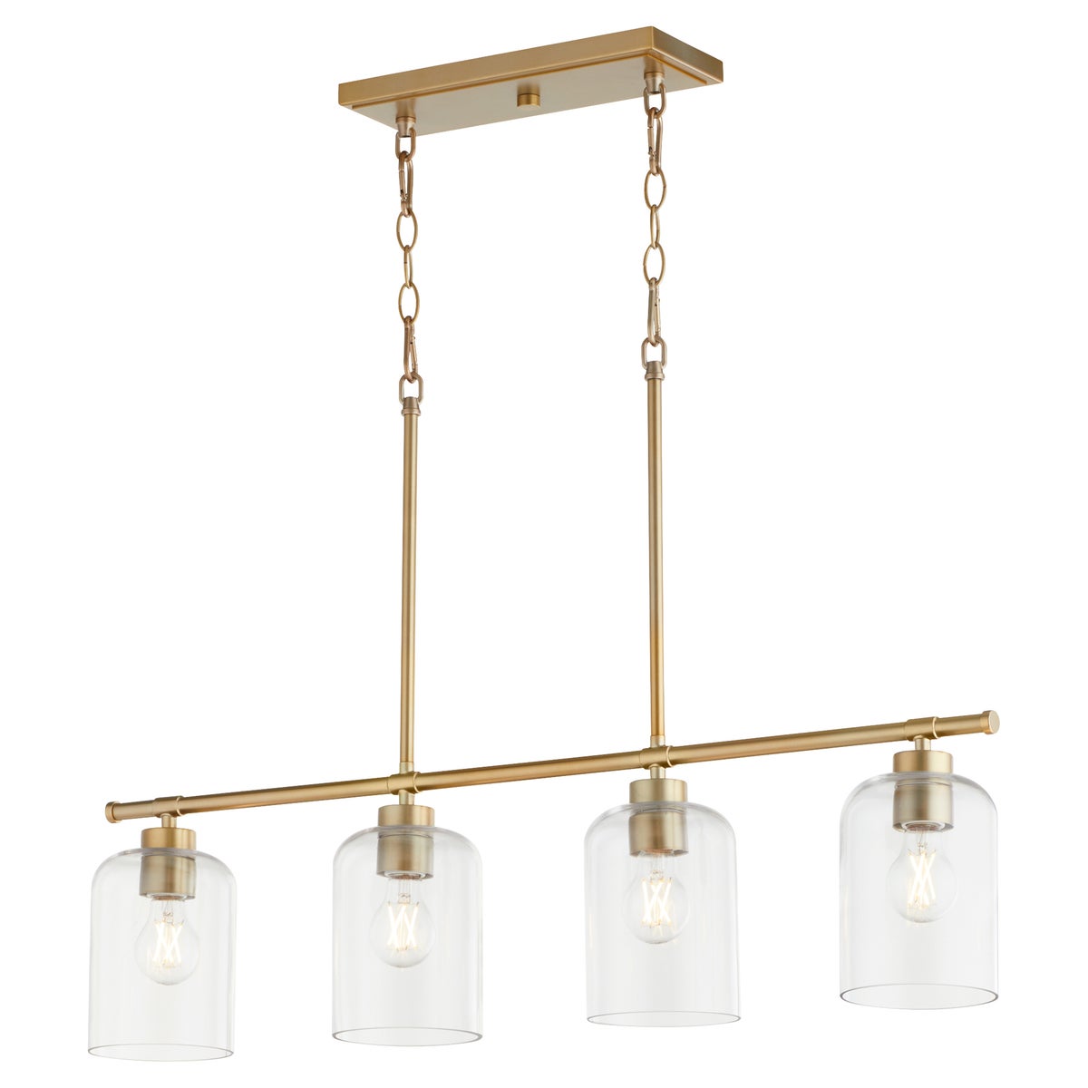 Kitchen Pendant Light with clear glass shades on linear frames. Choose from matte black, aged brass, or satin nickel finishes. Indoor/outdoor use. 100W, 4 bulbs, dimmable. UL Listed, Damp Location. 2-year warranty. 5"W x 9.5"H x 35"L.