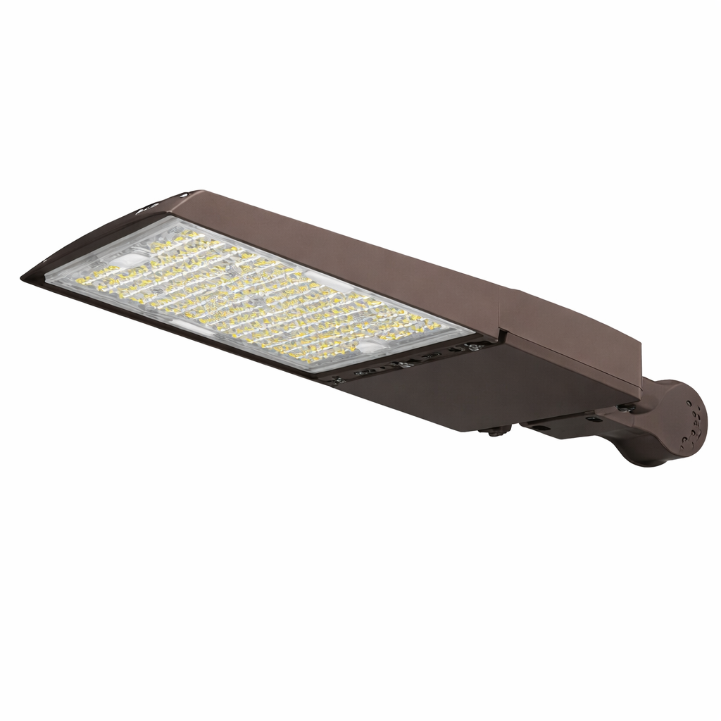 Commercial LED area light in bronze finish with arm mount for pole or wall brackets, using a sealed optical lens for site lighting; 120–277V input, 0–10V dimming, IP65-rated, with 3000K/4000K/5000K options and 100/120/150W outputs (17,000–25,500 lumens).
