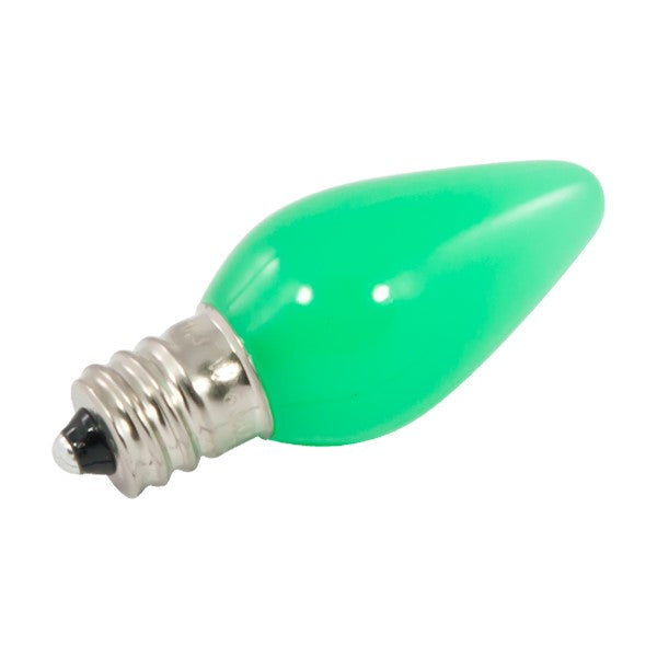 LED C7 Bulb: A green light bulb with a silver base, perfect for holiday lights. Provides bright, long-lasting, and efficient illumination.
