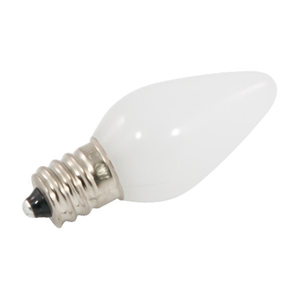 LED C7 Bulb with white base, providing bright and long-lasting light output. Ideal for holiday lights, rooftops, fences, or driveways. 0.8W, 120V, dimmable, candelabra E12 base. Opaque plastic lens. UL Listed, CSA Listed. 25 case quantity. 0.8125"D x 2.15625"H. Rated Hours: 15,000.