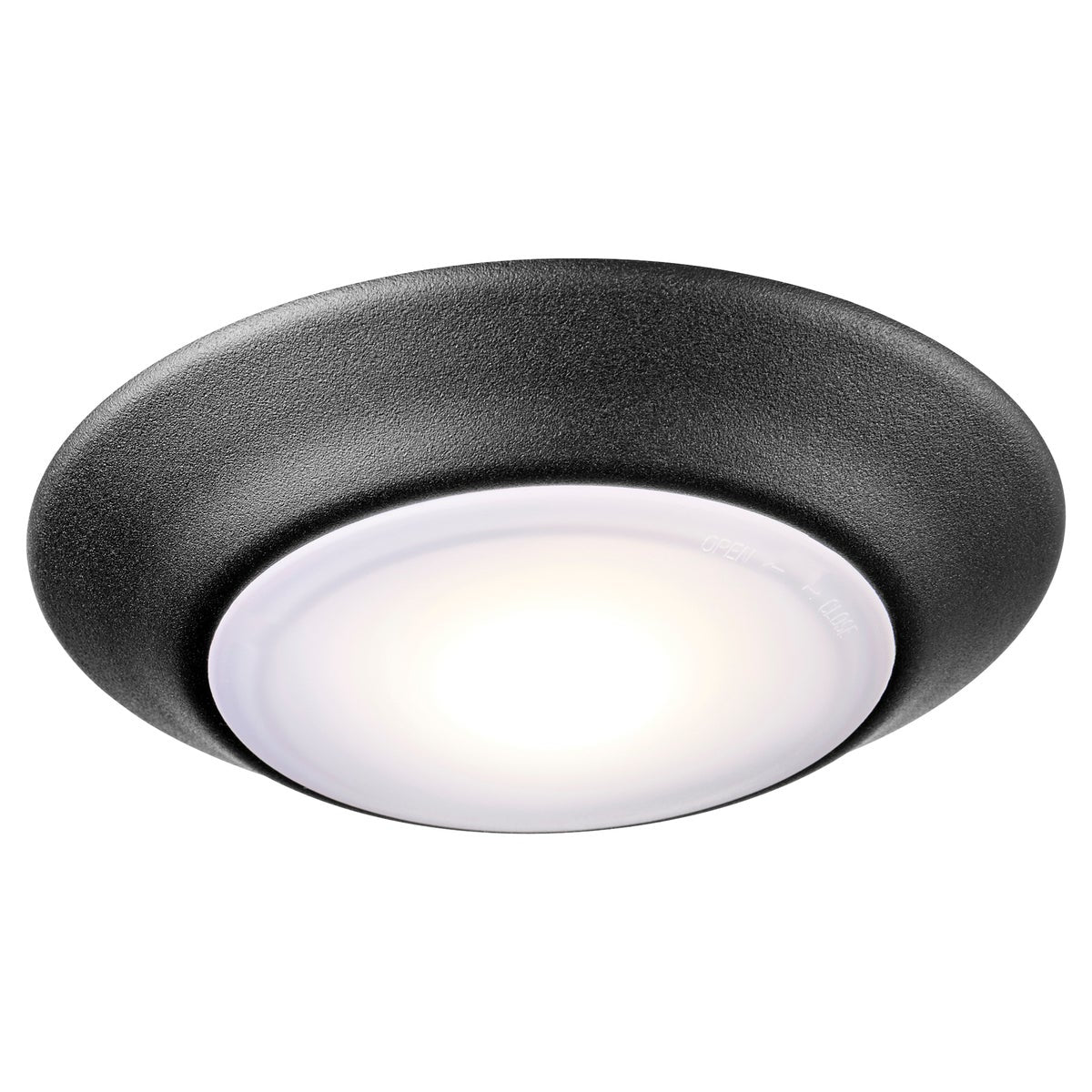 LED Disk Light by Quorum International - A close-up of a versatile, energy-efficient LED light with a diffuser for even light distribution. Mounts to existing junction boxes. 12W, 730 lumens, 3000K color temperature. Dimmable, UL Listed. 6"W x 1"H. 2-year warranty.