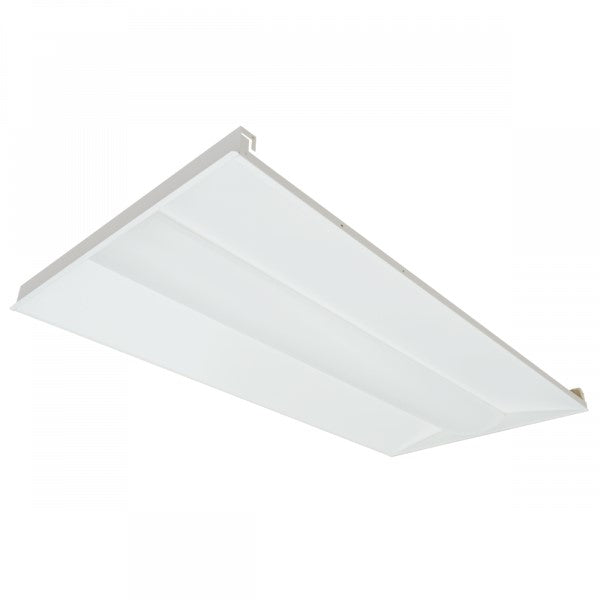 A white rectangular LED drop ceiling light fixture with a center basket design and frosted PMMA lens. CCT selectable and wattage selectable, providing 4556 to 5670 lumens of color tunable white light. Ideal for commercial applications like retail spaces, offices, and healthcare facilities. Brand: SLG Lighting. 47.8"L x 23.75"W x 2.13"H. Warranty: 5 Years.