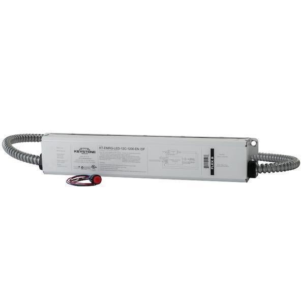LED Emergency Backup Driver - A white rectangular object with wires and a white box with black text. This driver ensures uninterrupted power supply to LED fixtures during outages. It detects electrical load, adjusts output, and provides 1200 lumens for 90 minutes. Damp location rated, cULus Listed, FCC Compliant, and RoHS Compliant. Dimensions: 2.29&quot;W x 12.5&quot;L x 1.29&quot;H. 5-year warranty.