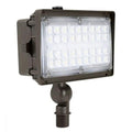 LED flood light with compact IP65 housing for directional outdoor lighting; 120–277V input, 27W output (3,600 lumens).