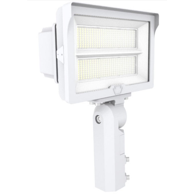 Main product shot in white finish of an LED floodlight with tempered glass lens, designed for slip fitter or trunnion mount installations; built-in photocell for dusk-to-dawn control, IP65-rated housing, 120–277V input with 0–10V dimming, selectable 3000K/4000K/5000K (3K/4K/5K) at 80+ CRI, and 100W/140W options producing 14,500–19,600 lumens.