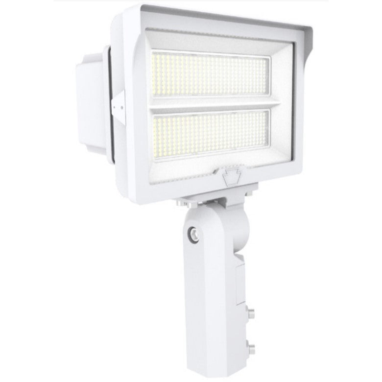LED Floodlight with adjustable color temperature and dual mounting options for buildings, poles, or walls. Provides 10500-19600 lumens of tunable white light. Dimmable with replaceable photocell. Ideal for parking lots, facades, and recreation venues. Brand: Keystone Technologies.