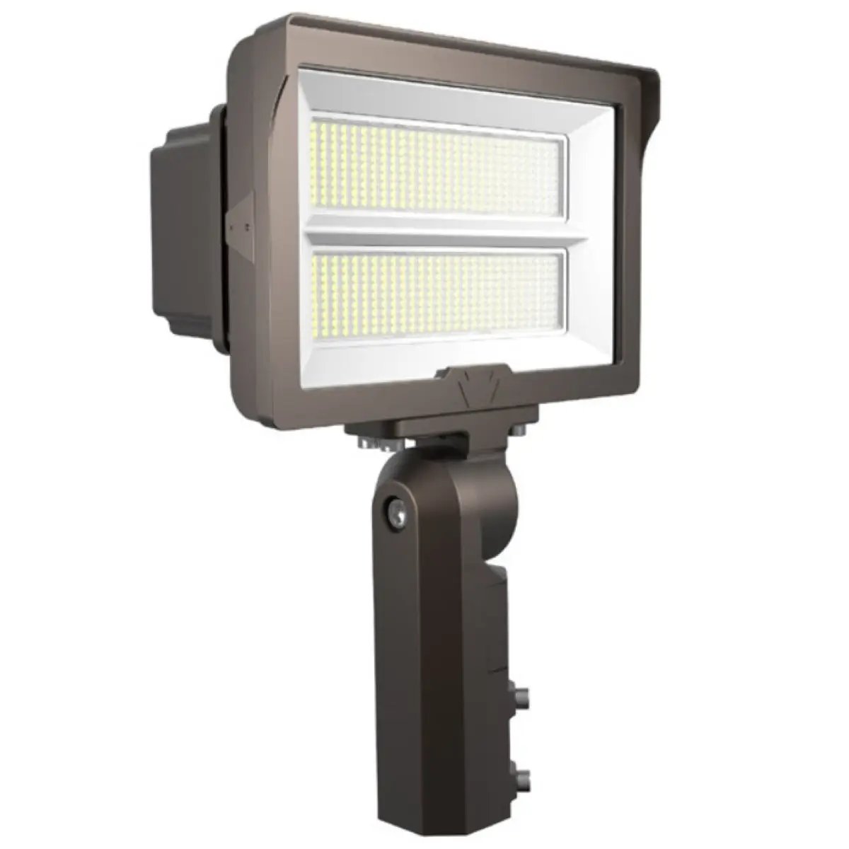 A close-up of a LED floodlight with adjustable color temperature and dual mounting options. Ideal for spacious areas like parking lots and building facades. 10500 to 19600 lumens of tunable white light. Slip fitter and trunnion mounts. Dimmable with built-in photocell. Keystone Technologies brand.