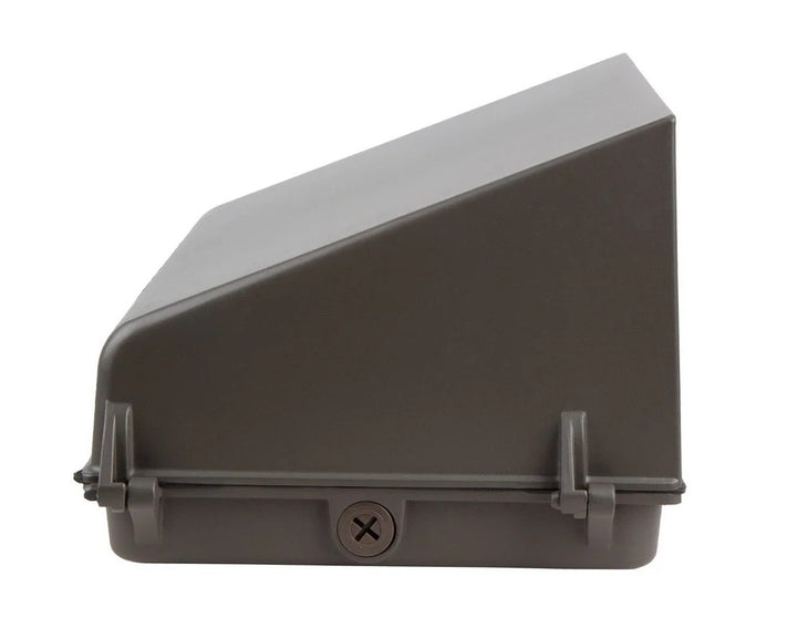 Side view of a full cutoff LED wall pack showing the housing profile and conduit knockout point; 30/40/50/60W (5,350–9,641 lm), 3000K/4000K/5000K, IP65, 0–10V dimming, 120–277V.