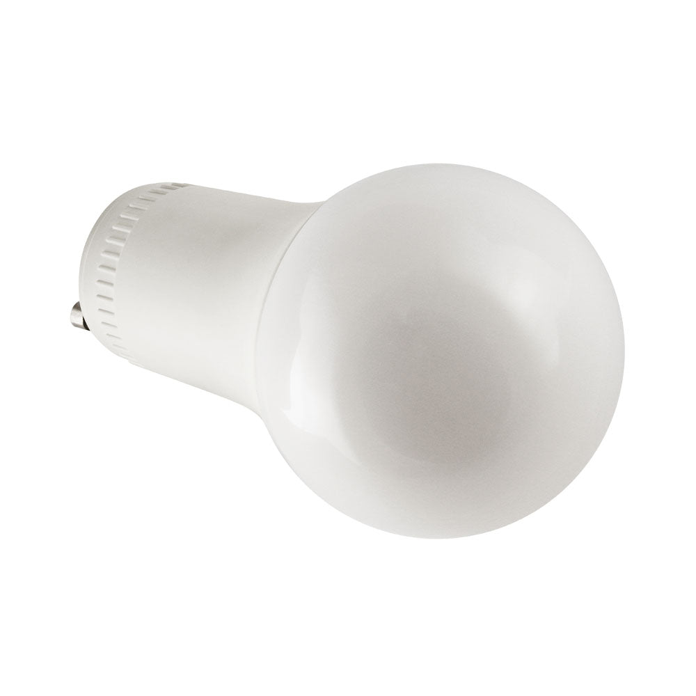 Front angled view of an A21 LED bulb with a bi-pin GU24 base, showing the diffuser and lamp body profile; 120V dimmable operation, 17W power draw producing 1,600 lumens, 90+ CRI for accurate color, Energy Star rated and JA8 compliant.