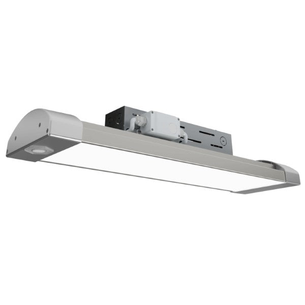 LED High Bay Light: A sleek white fixture with a rectangular shape and a lever design. Delivers 23680 lumens of color selectable white light. Offers versatility in installation with suspension cables and a 10’ cord included. Perfect for commercial and residential lighting applications.