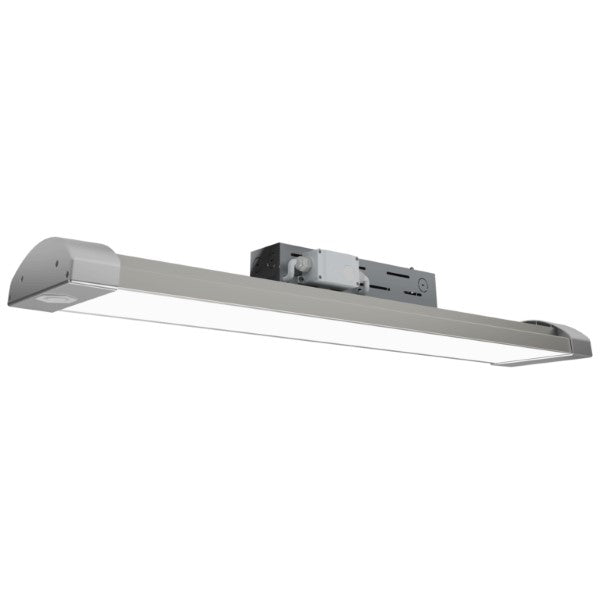 LED High Bay Lighting Fixture with rectangular object on top, providing 39680 lumens of color selectable white light. Versatile installation options with suspension cables and a 10' cord included. Brand: Litetronics. Wattage: 248W. Input Voltage: 120-277V. Lamp Type: LED. CRI: 80. Certifications: cULus Listed, FCC Compliant, RoHS Compliant, DLC Premium Listed. Dimensions: 39"L x 7.2"W x 4.4"H. Rated Hours: 100,000. Warranty: 10 Years.
