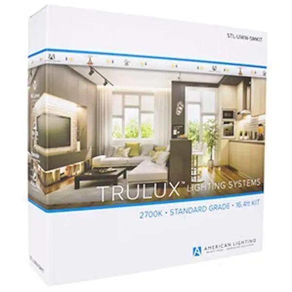 A white box with a picture of a living room featuring LED Lighting Tape Kit by American Lighting. Create your own custom linear lighting effect with this kit, providing up to 150 lumens per foot. Perfect for corridors, retail spaces, and more.