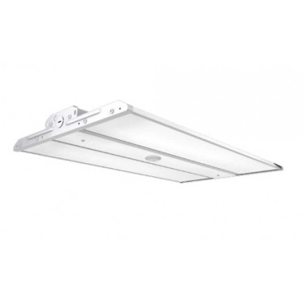 LED linear high bay with frosted lens for wide distribution in high-ceiling spaces; 120–277V input, 0–10V dimming, 135/175/215W options (20,900–30,600 lumens) with 4000K/5000K and 80+ CRI.