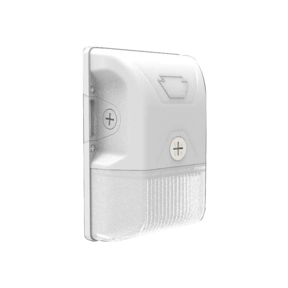 Main product shot in white finish of a compact LED mini wall pack, showing the outdoor housing and lens profile for wall mounting; 120–277V input with 0–10V dimming, photocell included, IP65 rating, 20W output delivering 2,700 lumens with selectable 3000K/4000K/5000K (3K/4K/5K) and 80+ CRI.