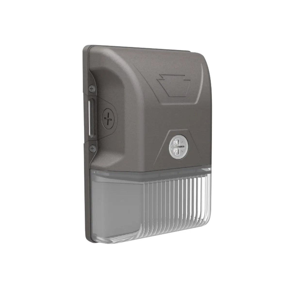 LED mini wall pack with compact bronze finish housing and integrated photocell for dusk-to-dawn operation; 120–277V input, 0–10V dimming, IP65-rated, 20W output (2,700 lumens) with selectable 3000K/4000K/5000K and 80+ CRI.