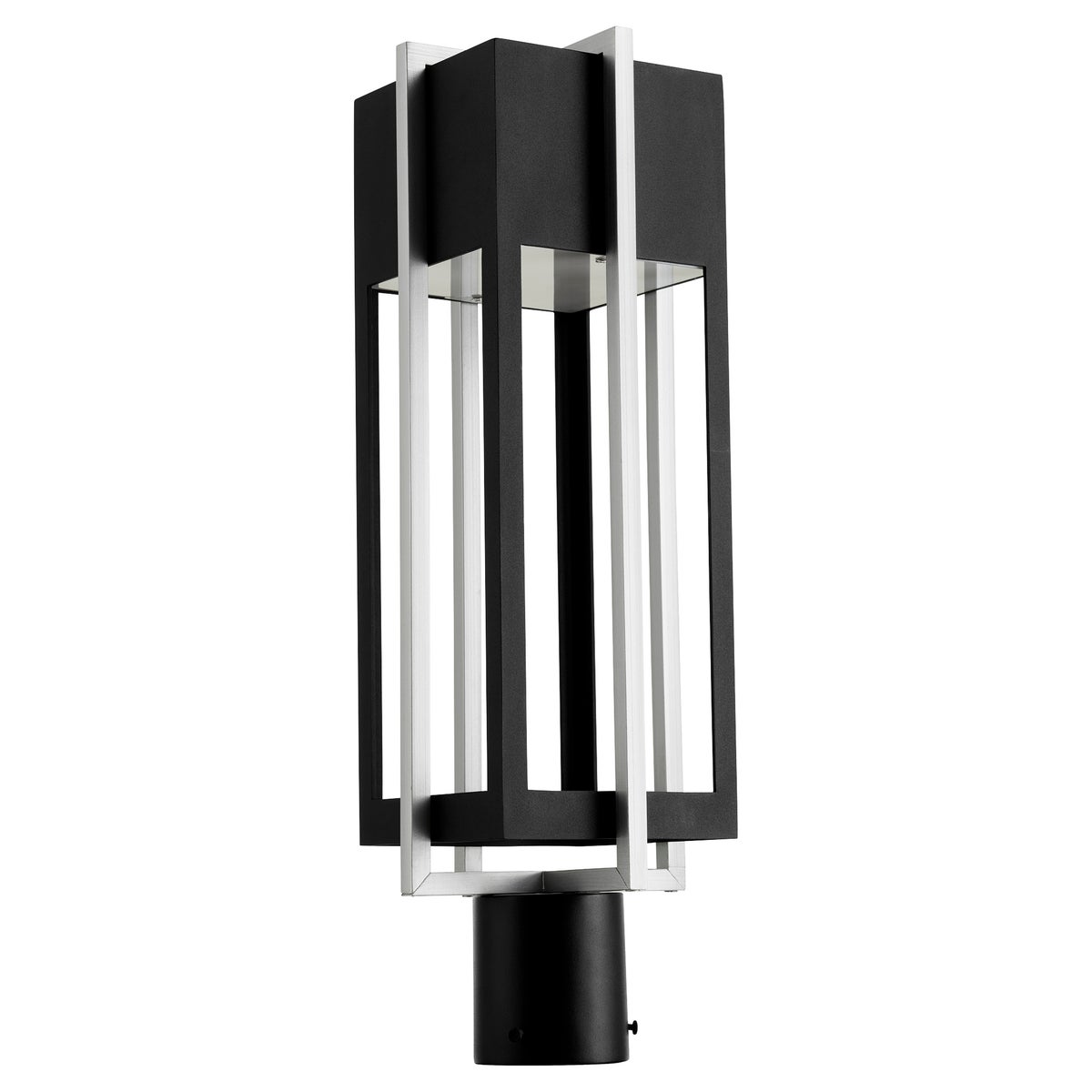 LED Outdoor Post Light with a unique geometric design, featuring a dual-layered frame in a two-toned noir/satin nickel finish. Provides guiding light for guests in contemporary outdoor settings. 7"W x 21.63"H. 11W LED, 465 lumens, 3000K color temperature. UL Listed for wet locations. 2-year warranty.