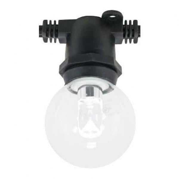 LED Outdoor String Light with black holder, perfect for residential and venue/restaurant patios, outdoor events, and festivities. Durable and ideal for party rental companies. 10W, 120V, LED bulb type, intermediate E17 bulb base. RoHS Compliant, IP64 Rated. Wet Location safety rating. Dimensions: 0.13"D x 1.18"H x 330'L. 1-year warranty.