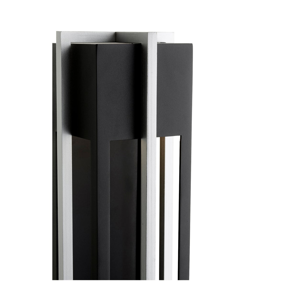LED Outdoor Wall Light with geometric design and dual-layered frame. Noir/satin nickel finish adds sophistication to any contemporary outdoor setting. Provides guiding light for guests.