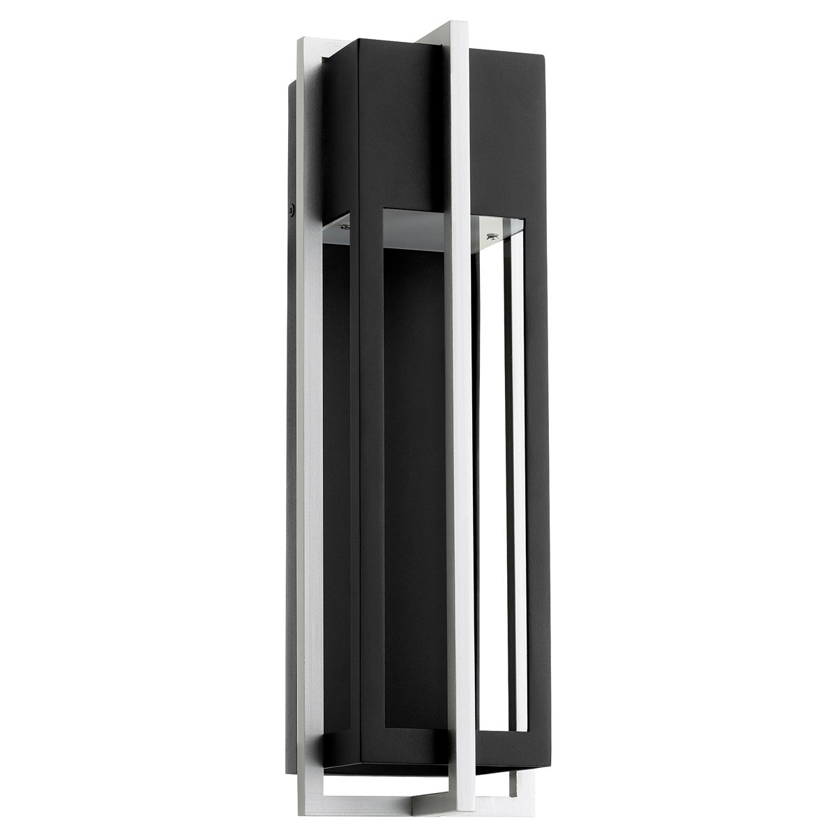 LED Outdoor Wall Light with geometric design and dual-layered frame. Noir/satin nickel finish adds sophistication to any contemporary outdoor setting. Provides guiding light for guests.