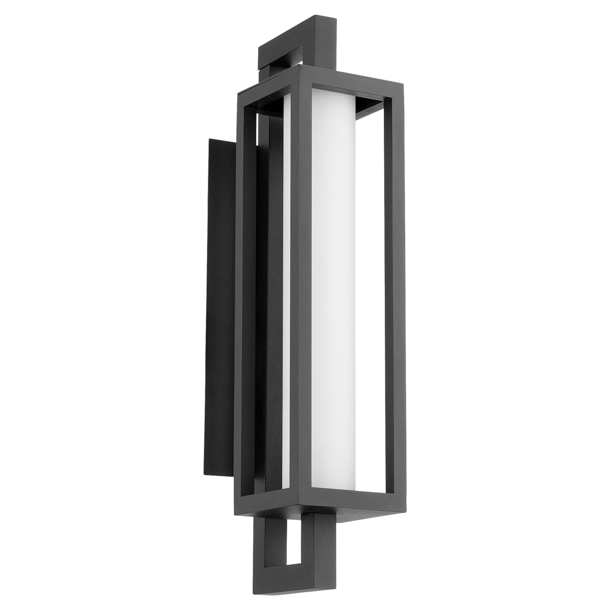LED Outdoor Wall Sconce with black frames and satin opal glass. Perfect for soft contemporary outdoor spaces. Illuminate patios, entrances, porches, or entryways. 796 lumens, 18W, 3000K, dimmable. UL Listed, Wet Location. 2-year warranty.
