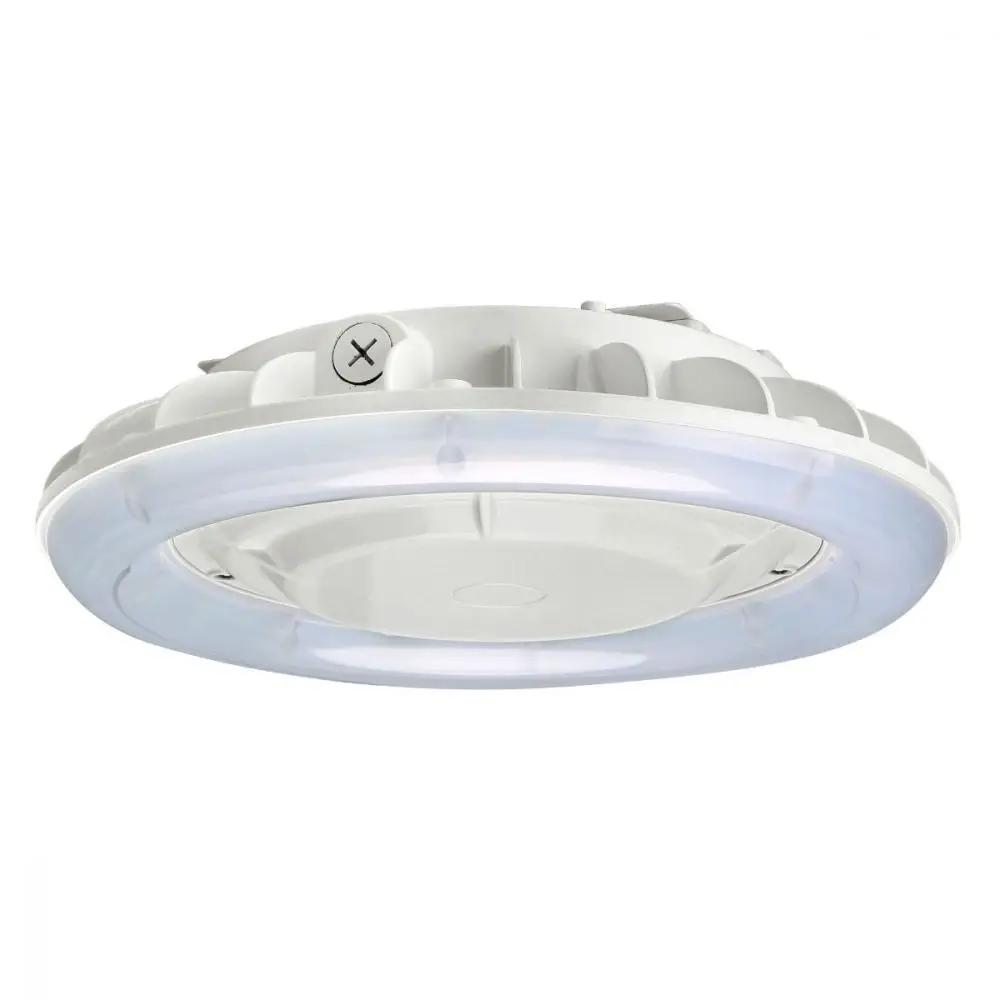 LED Parking Garage Canopy Light with unique &quot;halolens&quot; design, providing smooth and even light distribution. High-temperature polycarbonate lens reduces yellowing. Ideal for parking structures, storage areas, entryways, and low-level security lighting. 27W, 3550 lumens, 4000K/5000K color temperature, dimmable, UL Listed, FCC Compliant, IP65 Rated, DLC Premium Listed. 10-year warranty.