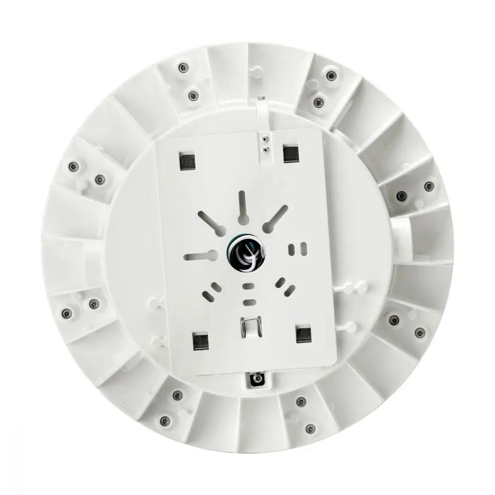 A white circular LED parking garage canopy lighting fixture with holes, providing smooth and even distribution of light. Ideal for parking structures, storage areas, and entryways. 5500 lumens, 45 Watts, 4000K/5000K color temperature, dimmable, UL Listed, FCC Compliant, IP65 Rated, DLC Premium Listed. 10-year warranty.