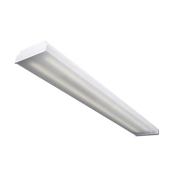 A white LED ready wraparound fixture with a shallow design, suitable for 2, 3, or 4 lamps. Offers low initial costs, maintenance-free operation, and excellent brightness control. Utilizes efficient LED T8 lamps for high lumen output and energy savings. No ballast or driver required. UL Listed for damp locations. Dimensions: 48"L x 13"W x 7.625"H. Rated for 50,000 hours and backed by a 5-year warranty.