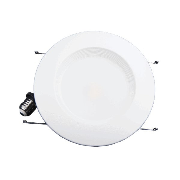 LED Retrofit Recessed Lighting Fixture with white plate and metal holders, providing 700 lumens of CCT selectable white light for up to 50,000 hours. Easy to install and dimmable. Perfect for new construction or remodeling projects.