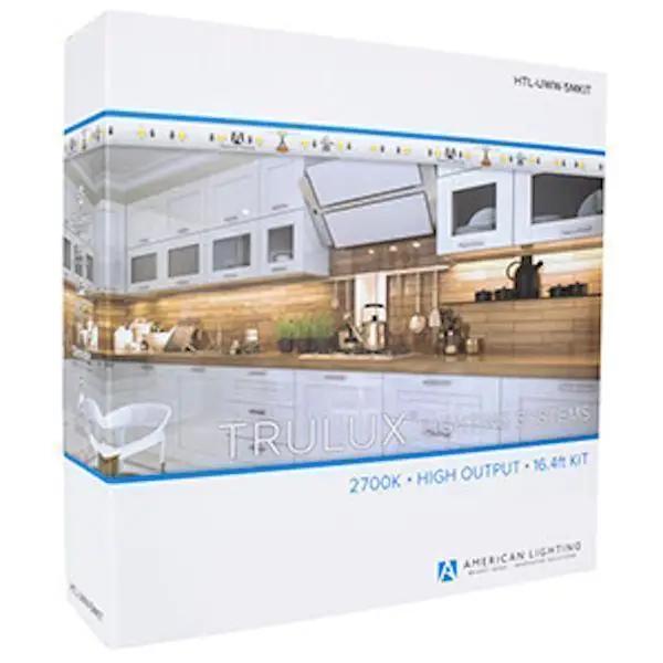 A white box with a picture of a kitchen, LED Tape Light Kit, from American Lighting. Create your own custom linear lighting effect with up to 165 lumens per foot. Dimmable, cULus Listed, IP54 Rated, Wet Location. 16.4' long, 50,000 rated hours.