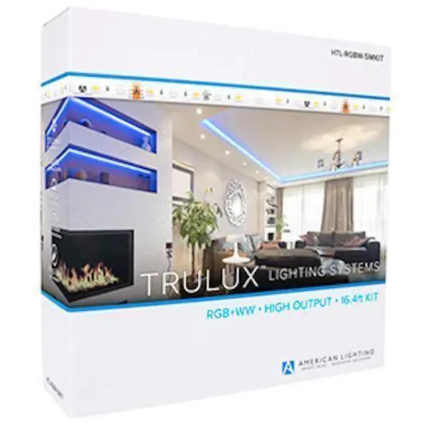 A white box with a picture of a living room featuring the LED Tape Light Kit by American Lighting. Create your own custom linear lighting effect with up to 165 lumens per foot. Dimmable, wet location rated, and with a 50,000-hour lifespan.